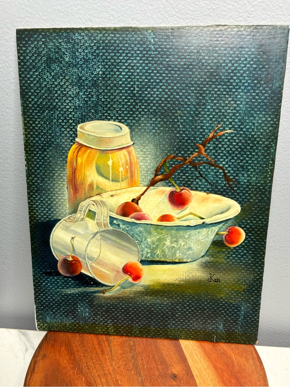 1970s/80s Cherries Still Life Print on Board Kitchen Wall Art